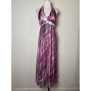 RB Collection VTG Y2K Silk Maxi Babydoll Halter Dress Womens 10 Boho Sheer Flowy